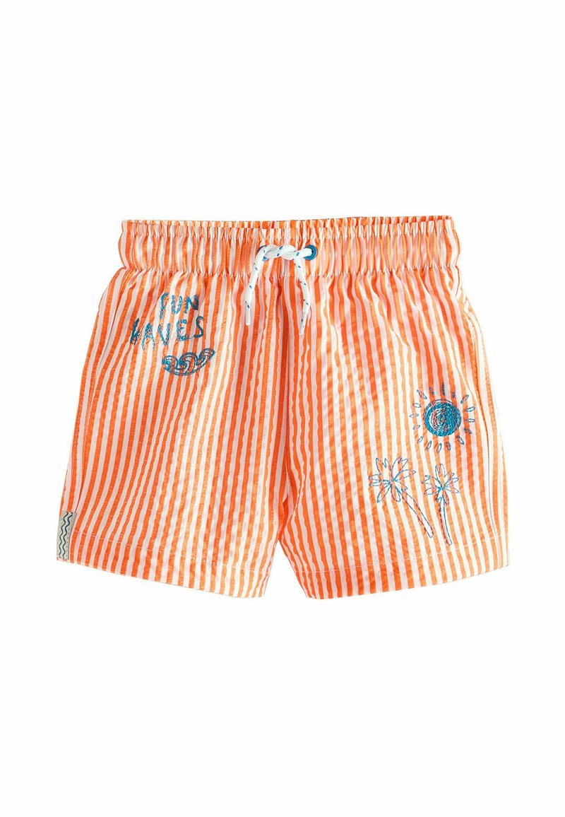 Shorts de bain rayés orange et blanc avec une taille élastique, un cordon de serrage et des motifs brodés de soleil et de palmier.
