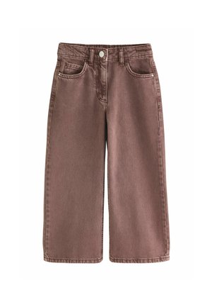 Brune bredbenede cropped jeans med frontlommer, bæltestropper og knaplukning.
