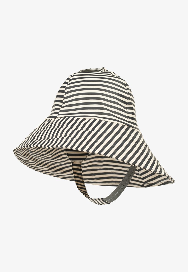 Striped bucket hat featuring a wide brim, made of lightweight fabric with a black and white pattern. Includes an adjustable chin strap.