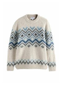 Pull en tricot beige clair avec un col rond. Présente des motifs géométriques bleus et noirs sur la poitrine et les manches. Tissu doux et texturé.