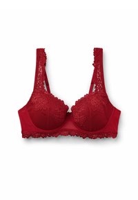 Czerwony koronkowy stanik z ozdobnym siateczkowym kubkiem, wyściełaną strukturą oraz dekoracyjną koronką wzdłuż ramiączek i obwodu. Ma detal w postaci kokardki na środku.