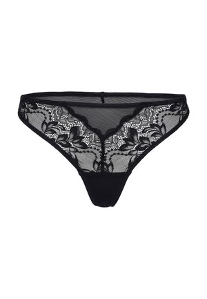 Tanga in pizzo nero con motivi floreali, rete trasparente sul davanti e retro in tessuto solido. Delicati bordi ondulati arricchiscono il design.