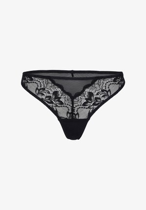 Tanga in pizzo nero con motivi floreali, rete trasparente sul davanti e retro in tessuto solido. Delicati bordi ondulati arricchiscono il design.
