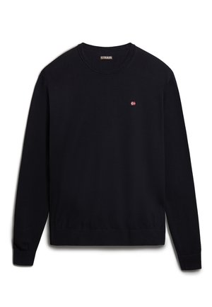 Black sweatshirt featuring a round neck, long sleeves, ribbed cuffs, and a small red and white logo accent on the chest.