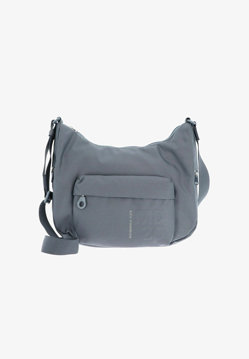 Borsa a tracolla grigia realizzata in tessuto testurizzato, dotata di scomparto principale con zip, tasca frontale con chiusura a scatto e tracolla regolabile.