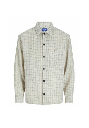 Lichtbeige shirt met een geruit patroon, knopen aan de voorkant, een kraag en een enkele borstzak. Getextureerde stof met een zachte afwerking.