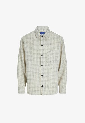 Jasnobeżowa koszula w kratkę, z guzikami z przodu, kołnierzykiem i jedną kieszonką na piersi. Teksturowana tkanina o miękkim wykończeniu.