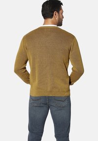 Mustard-yellow knit sweater with a round neckline, textured fabric, and ribbed hem. Worn with blue jeans, viewed from the back.