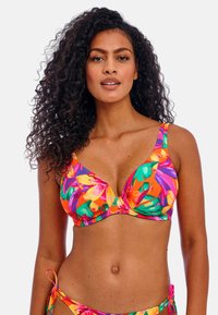 Top de bikini con un vibrante patrón floral en naranja, rosa, verde y púrpura. Presenta copas estructuradas, tirantes anchos y una textura de tela suave.