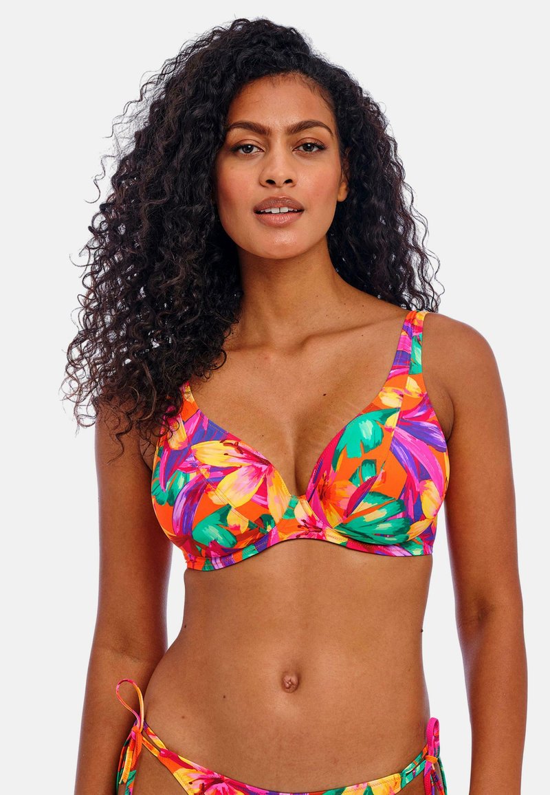 Top de bikini con un vibrante patrón floral en naranja, rosa, verde y púrpura. Presenta copas estructuradas, tirantes anchos y una textura de tela suave.