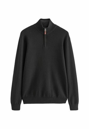 Black pullover sweater with a half-zip collar, made from a soft knit material. Features ribbed cuffs and hem for a fitted look.