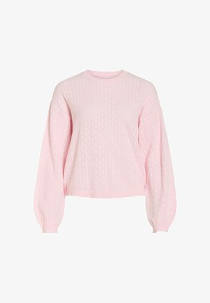 Gaiši rozā adīts džemperis ar garām balona piedurknēm un smalku kabeļu adījuma rakstu, apaļu izgriezumu kakla daļā, ribotām aprocēm un apakšmalu.