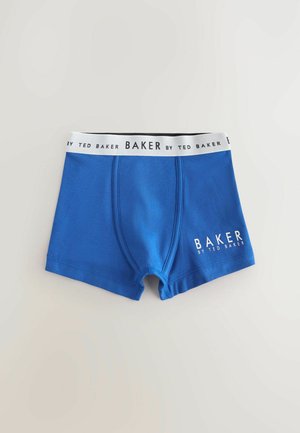 Boxer in cotone blu con vita bianca su cui è stampato "BAKER BY TED BAKER", texture liscia e gambe corte.