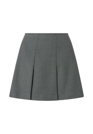 Gonna grigia plissettata in tessuto strutturato, con vita aderente e orlo a campana, linee pulite e silhouette a trapezio complessiva.