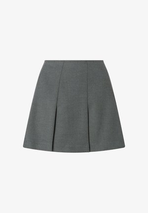 Gonna grigia plissettata in tessuto strutturato, con vita aderente e orlo a campana, linee pulite e silhouette a trapezio complessiva.