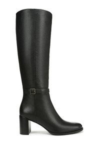 Zwarte leren kniehoge laars met een textuurafwerking, voorzien van een zijgesp en een robuuste blokhak. Glad teengedeelte en slanke vorm.
