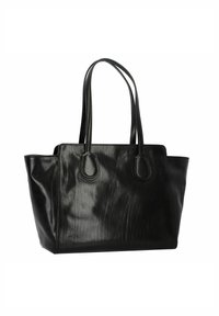 Borsa tote nera in pelle con una texture liscia, due manici allungati e due dettagli ovali sui lati.