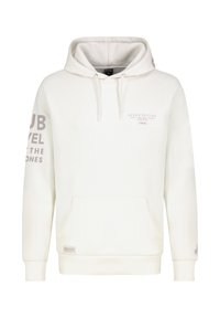 Witte hoodie gemaakt van zacht stof, met een trekkoordkap, een voorkantzak en grijze bedrukt tekst op de borst en mouw.