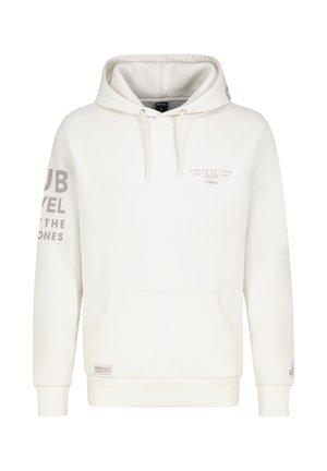 Witte hoodie gemaakt van zacht stof, met een trekkoordkap, een voorkantzak en grijze bedrukt tekst op de borst en mouw.