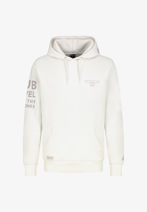 Witte hoodie gemaakt van zacht stof, met een trekkoordkap, een voorkantzak en grijze bedrukt tekst op de borst en mouw.