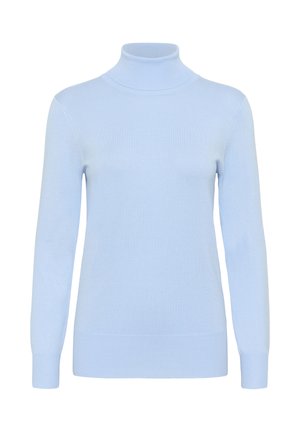 Light blue turtleneck sweater with long sleeves, made from soft, stretchy fabric. Features ribbed cuffs and a fitted silhouette.
