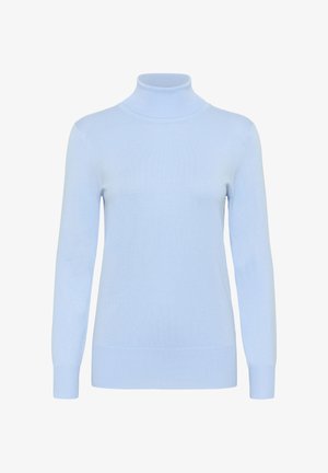 Hellblauer Rollkragenpullover mit langen Ärmeln, gefertigt aus weichem, dehnbarem Stoff. Verfügt über gerippte Bündchen und eine taillierte Silhouette.