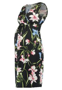 Vestido de maternidad floral con un fondo negro y flores en tonos rosa y azul, diseño sin mangas y una forma ligeramente acampanada para mayor comodidad.