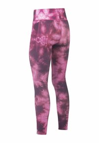 High-waisted legging in a tie-dye pattern with shades of pink and deep maroon. Smooth texture and fitted shape with a side pocket detail.