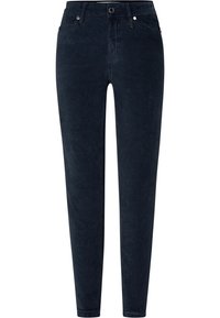 Mörkblå, hög midja byxor i mjukt tyg. Har fem fickor, framdragkedja och knappstängning. Slimmad, avsmalnande benform.