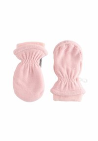 Pink fleece mittens with elasticated cuffs, featuring a soft texture and rounded shape. No visible hardware or patterns, simple design.