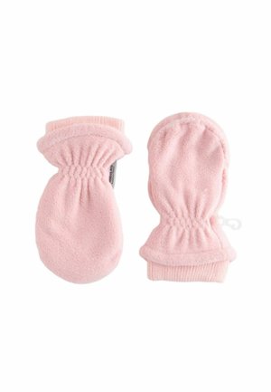 Pink fleece mittens with elasticated cuffs, featuring a soft texture and rounded shape. No visible hardware or patterns, simple design.