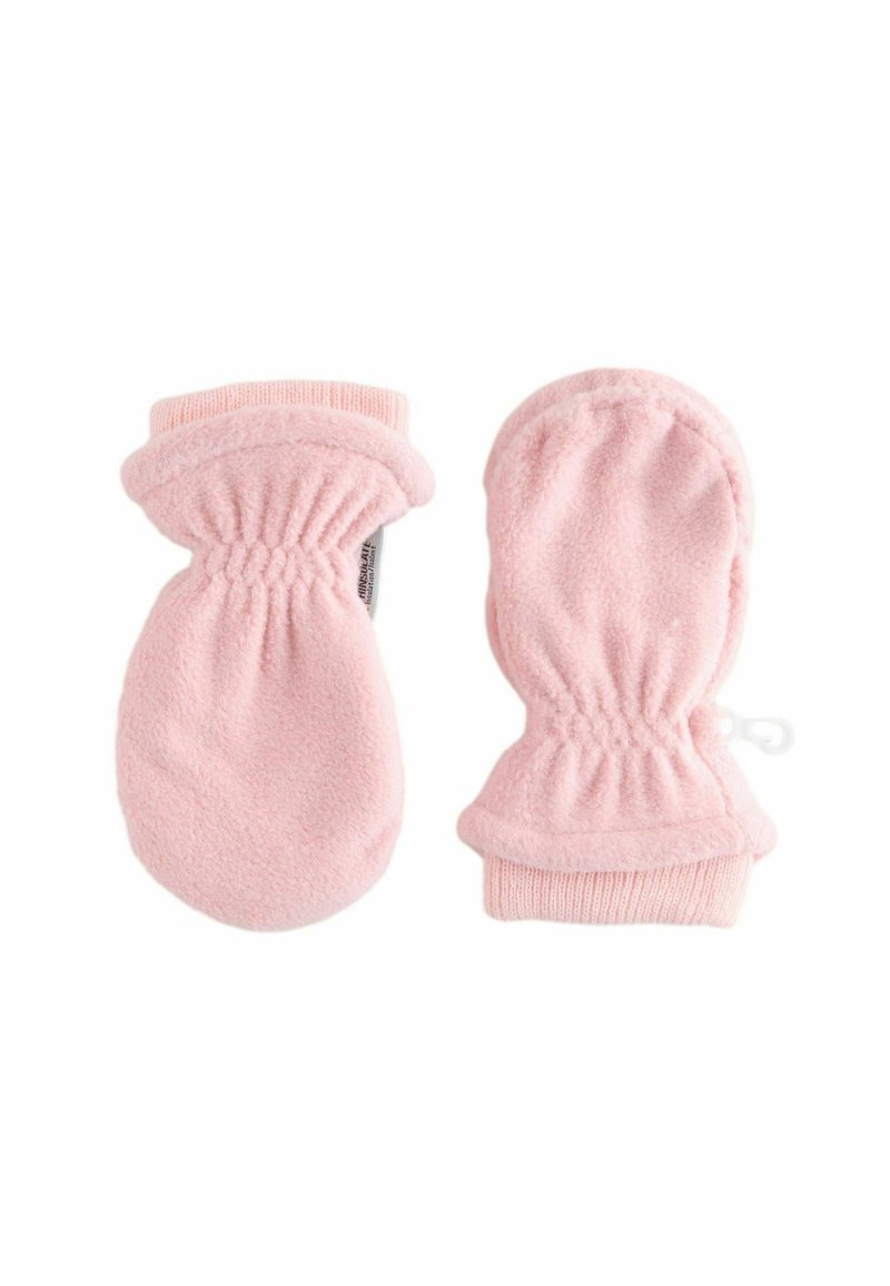 Pink fleece mittens with elasticated cuffs, featuring a soft texture and rounded shape. No visible hardware or patterns, simple design.