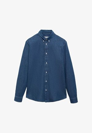 Jeansskjorta i mörkblått med långa ärmar, knappstängning framtill och klassisk krage. Tyget har en strukturerad yta med en slät finish och en subtil lyster.