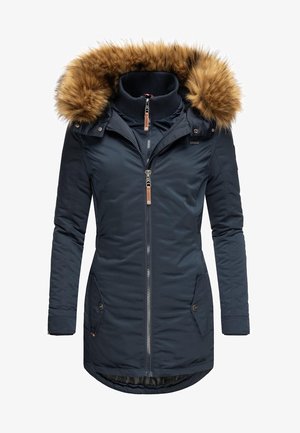 Dark navy parka with faux fur-lined hood, zip closure, two front pockets, and ribbed collar. Smooth, water-resistant fabric, mid-length design.