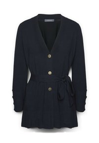 Cardigan negro de manga larga con escote en V, tres botones dorados en el frente, bolsillos laterales y un cinturón atado en la cintura.