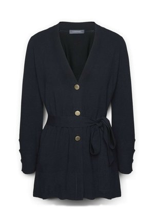 Cardigan nero a maniche lunghe con scollatura a V, tre bottoni dorati sul davanti, tasche laterali e cintura con nodo in vita.