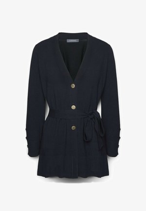 Cardigan nero a maniche lunghe con scollatura a V, tre bottoni dorati sul davanti, tasche laterali e cintura con nodo in vita.