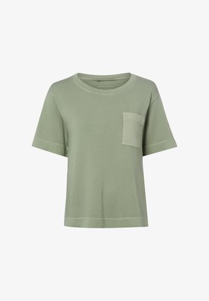 Hellgrünes T-Shirt mit kurzen Ärmeln, Rundhalsausschnitt und einer kleinen Brusttasche auf der linken Seite.