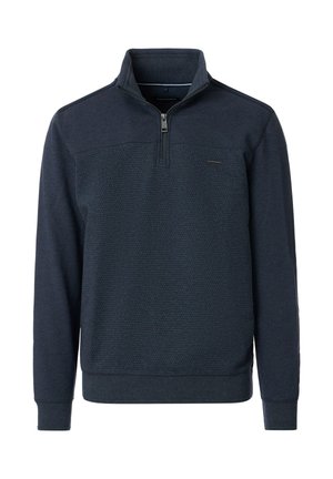 Donkerblauwe pullover sweatshirt met een half-zip kraag, textuur op het voorpaneel, geribde manchetten en zoom, met een logo-accent op de borst.