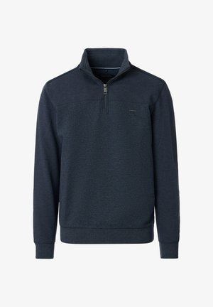 Donkerblauwe pullover sweatshirt met een half-zip kraag, textuur op het voorpaneel, geribde manchetten en zoom, met een logo-accent op de borst.