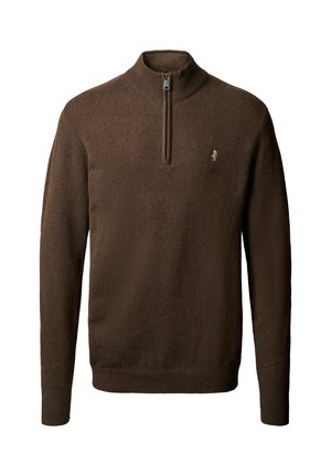 Pull à col zippé marron en tissu tricoté texturé. Présente des poignets et un ourlet côtelés, avec un petit logo sur la poitrine.
