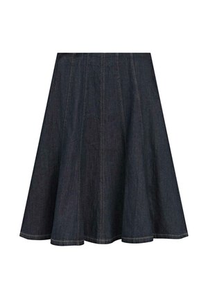 Donkerblauwe denim A-lijn rok met zichtbare verticale naden en een uitlopende zoom, knielengte, zonder extra details of versieringen.
