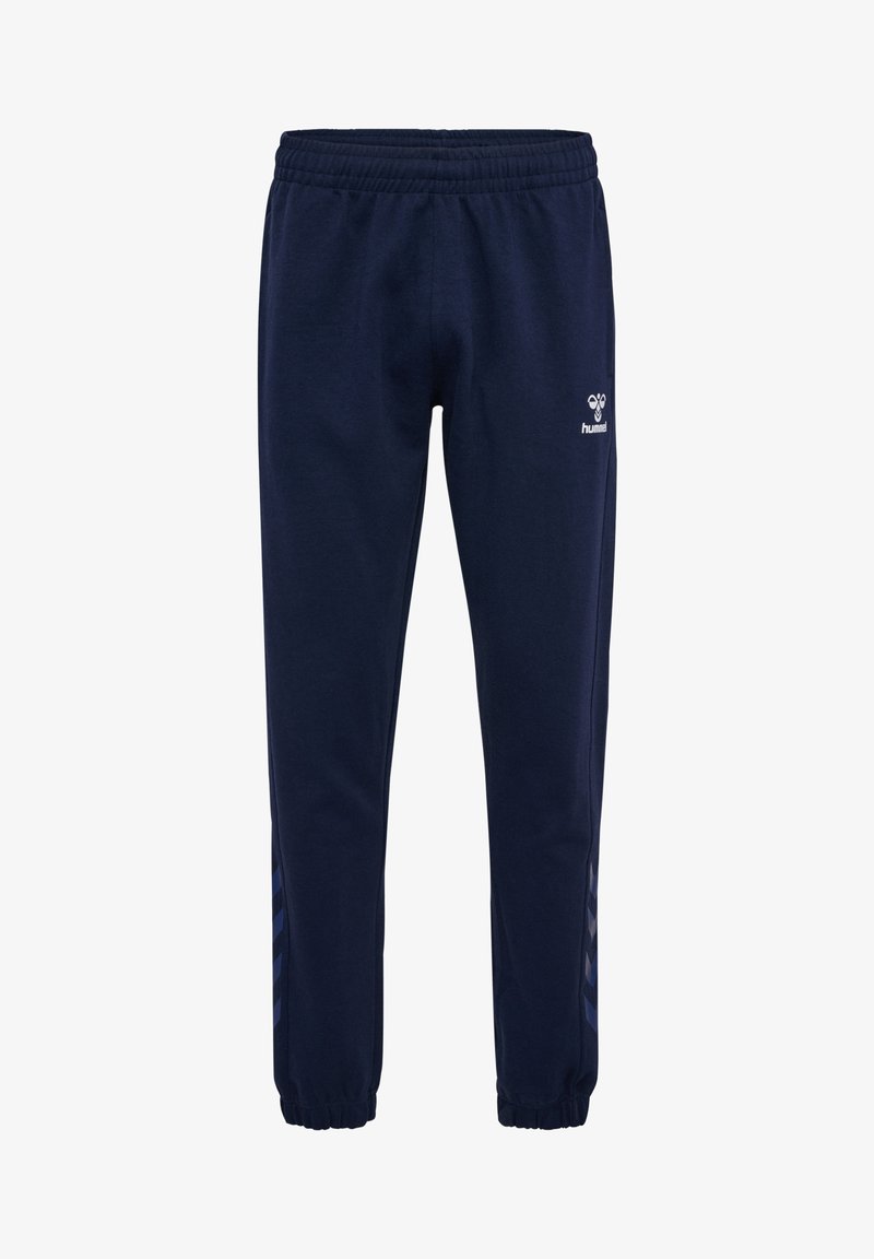 Pantalons de survêtement bleu marine avec taille élastique, jambes effilées et rayures sur les côtés. Fabriqués en tissu doux en mélange de coton.
