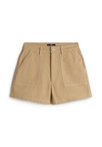 Shorts en coton couleur beige avec poches plaquées à l'avant, passants pour ceinture et fermeture par bouton à la taille, présentés à plat sur un fond blanc.
