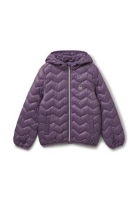 Giacca a vento viola trapuntata con zip frontale, tasche laterali, polsini elasticizzati e un piccolo logo ricamato bianco sul petto.