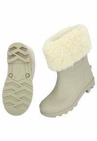 Hellbeige Gummistiefel mit einem flauschigen cremefarbigen Kunstfellrand. Strukturierten Sohle mit Grip-Rillen für besseren Halt. Sauberes, einfaches Design.