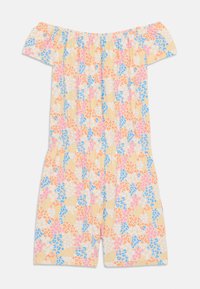 Off-shoulder romper i en pastellgul stoff med blomster mønster i oransje, rosa, blå og hvit med en samlet midje.
