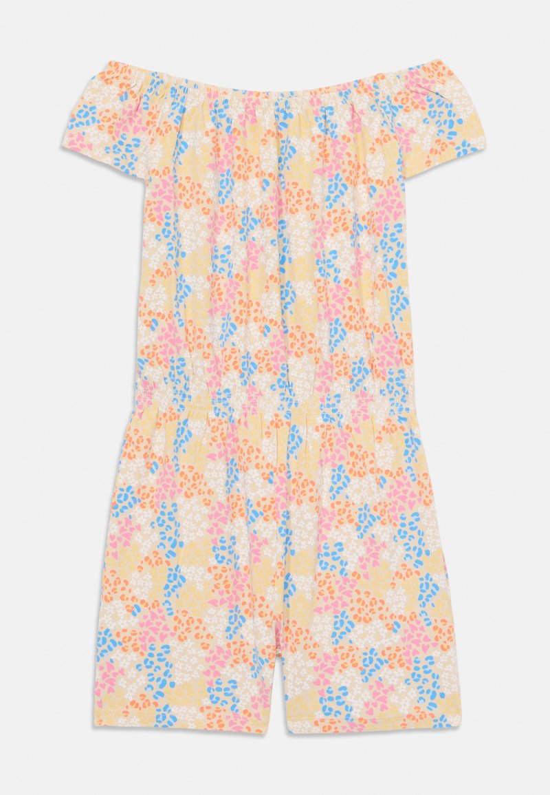 Off-shoulder romper i en pastellgul stoff med blomster mønster i oransje, rosa, blå og hvit med en samlet midje.