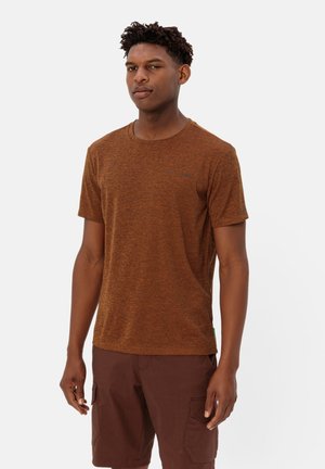 Brown marled short-sleeve t-shirt with a round neckline and a small logo on the chest, made of a soft, textured fabric.