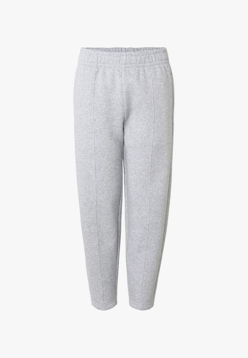 Pantalon de survêtement gris clair avec ceinture élastique et coutures verticales, conçu pour un usage décontracté.